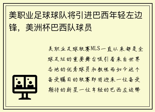 美职业足球球队将引进巴西年轻左边锋，美洲杯巴西队球员