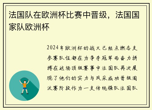 法国队在欧洲杯比赛中晋级，法国国家队欧洲杯
