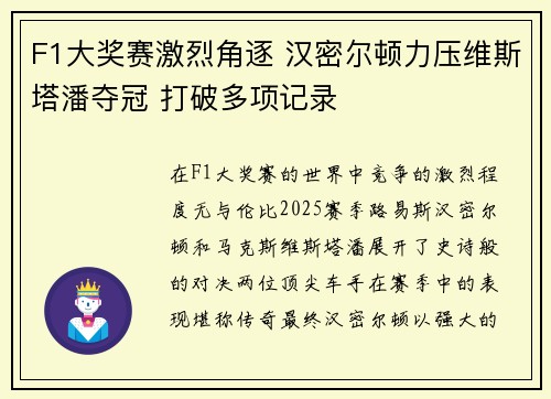 F1大奖赛激烈角逐 汉密尔顿力压维斯塔潘夺冠 打破多项记录