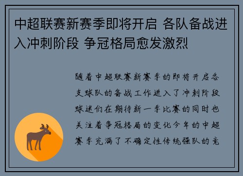 中超联赛新赛季即将开启 各队备战进入冲刺阶段 争冠格局愈发激烈