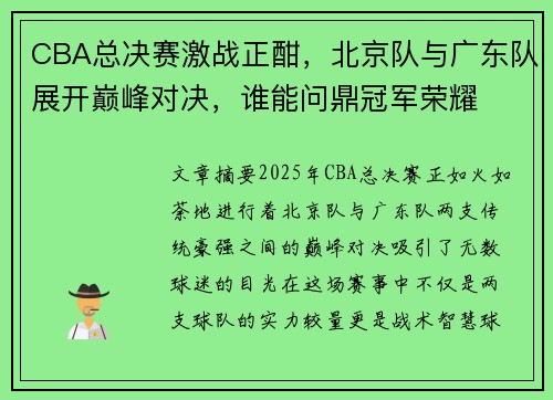 CBA总决赛激战正酣，北京队与广东队展开巅峰对决，谁能问鼎冠军荣耀